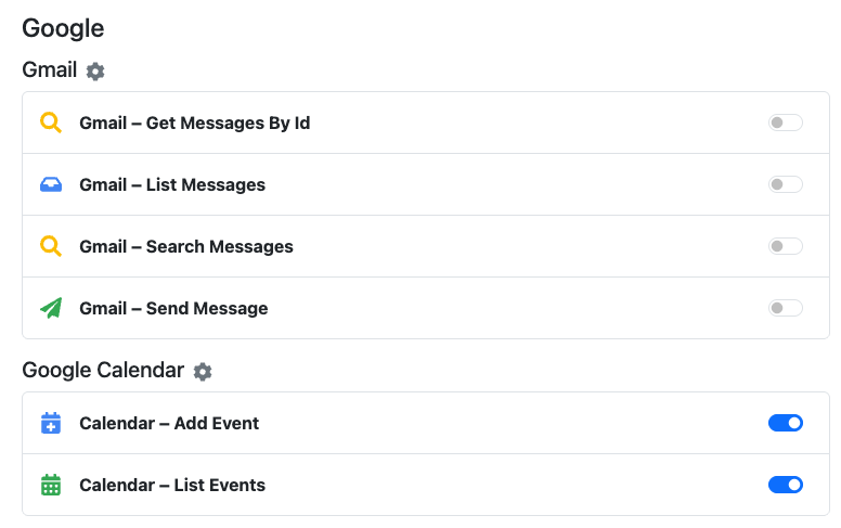 Screenshot: Toggling Gmail and Google Calendar MCP tools