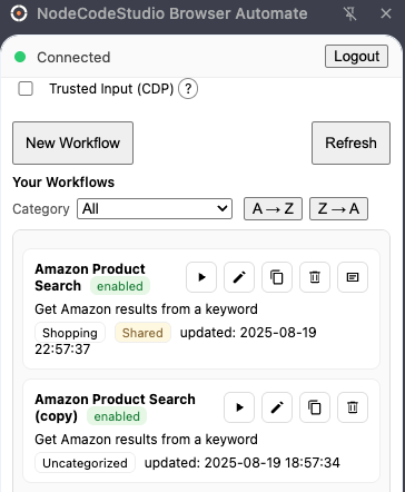 Screenshot: Chrome side-panel with workflows and controls (Run, Edit, Share)