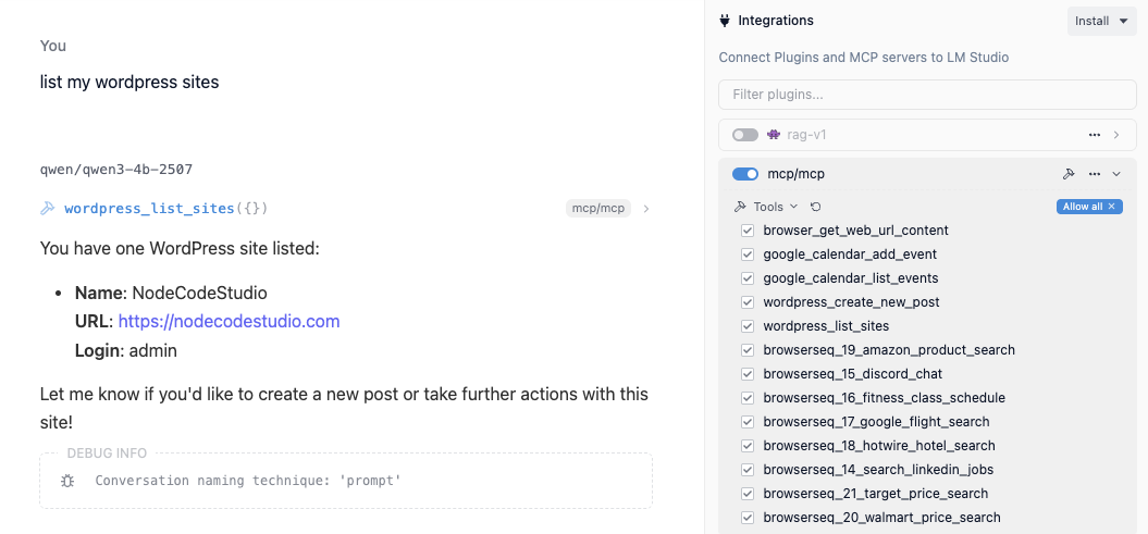 Screenshot: MCP integrations panel showing enabled tools and WordPress site listing