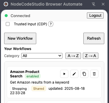 Automation sidepanel open and connected